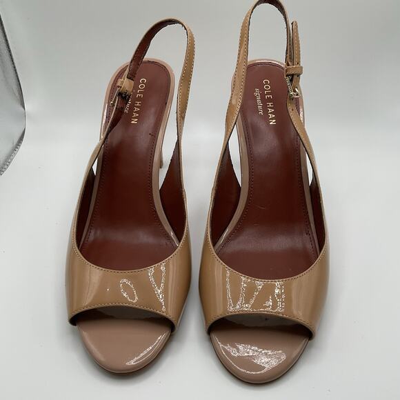 Cole Haan Shoes Heels Womens 8B Nude Tan Patent Leather Slingback Peep Toe - Picture 2 of 15